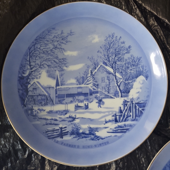 3 CURRIER AND IVES blue and white collector PLATES blue & white Tundra Japan - Picture 5 of 5